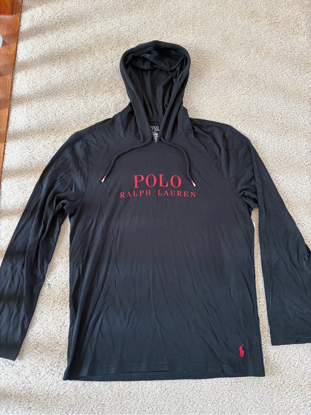 Polo by Ralph Lauren Black Hooded Long-Sleeve Shirt with Red Logo